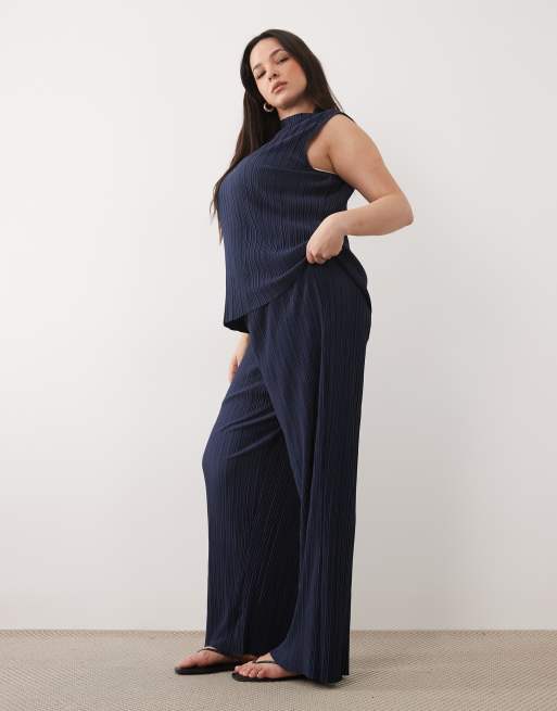 VILA Curve plisse wide leg pants in navy (part of a set), 2 of 5