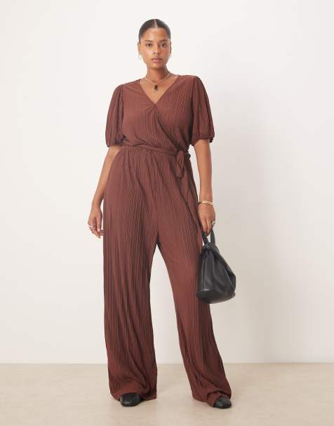 Vila Curve plisse wrap front jumpsuit in chocolate brown - view 1
