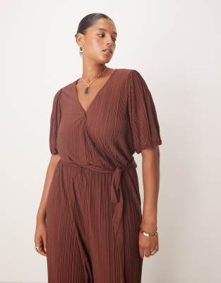 Vila Curve Plisse Wrap Front Jumpsuit In Brown