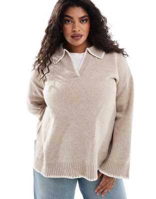 Vila Curve - Pullover in Beige mit V-Ausschnitt, offenem Kragen und Kontrastnaht-Neutral