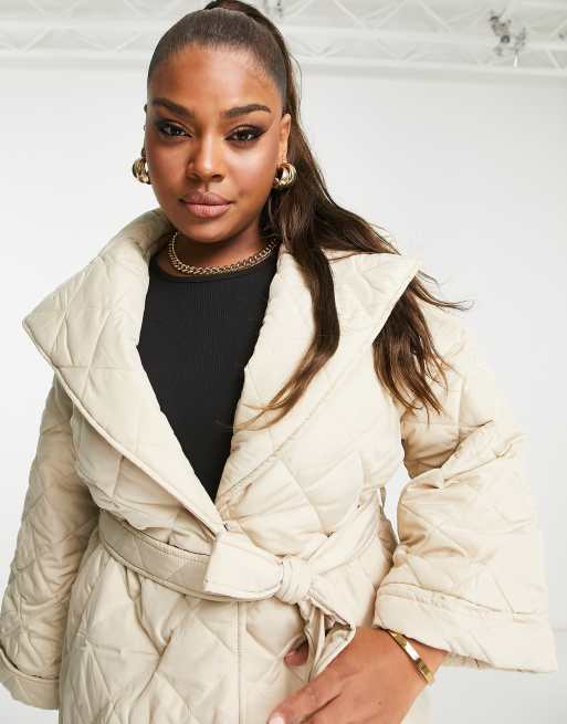 Vila Curve quilted tie waist jacket in cream ASOS