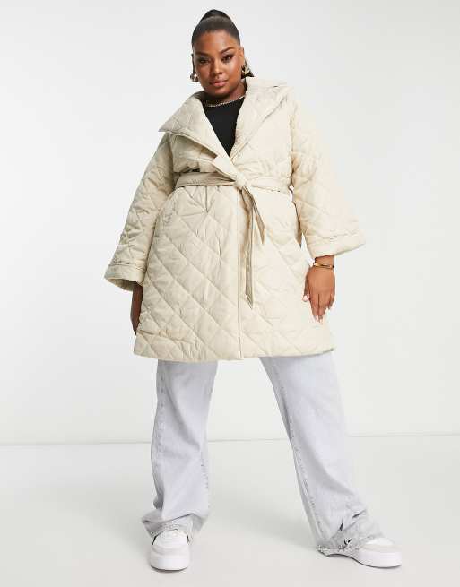 Vila Curve quilted tie waist jacket in cream | ASOS