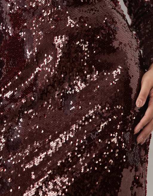 Vila Curve robe longue à sequins à manches longues bordeaux, 4 de 4