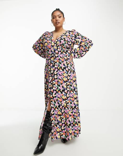 Vila Curve Robe longue boutonn e fleurs et volants sur le