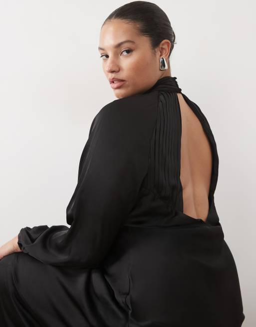 Vila Curve robe longue en satin noire à col montant et manches longues, 4 de 4