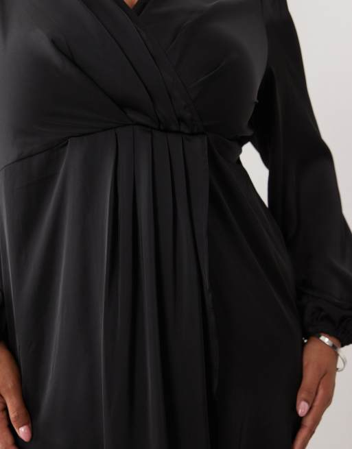Vila Curve robe longue en satin noire à effet portefeuille, 2 de 4