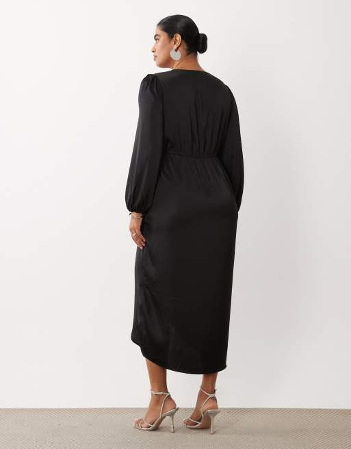 Vila Curve robe longue en satin noire à effet portefeuille, 4 de 4