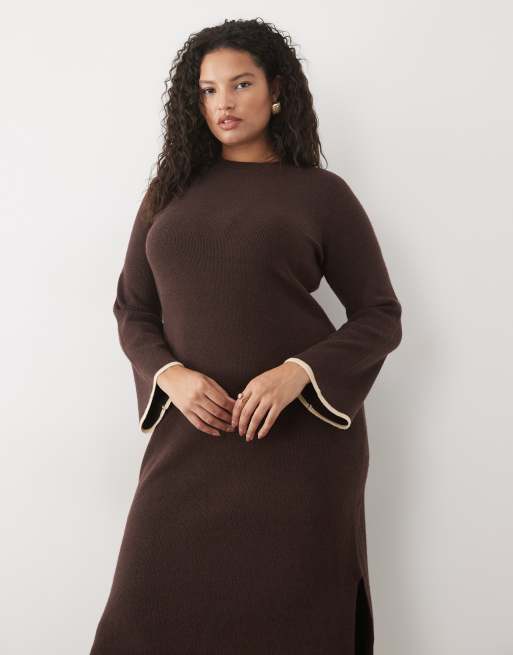 Vila Curve robe midi en maille à texture duveteuse avec finitions contrastantes marron chocolat, 3 de 4