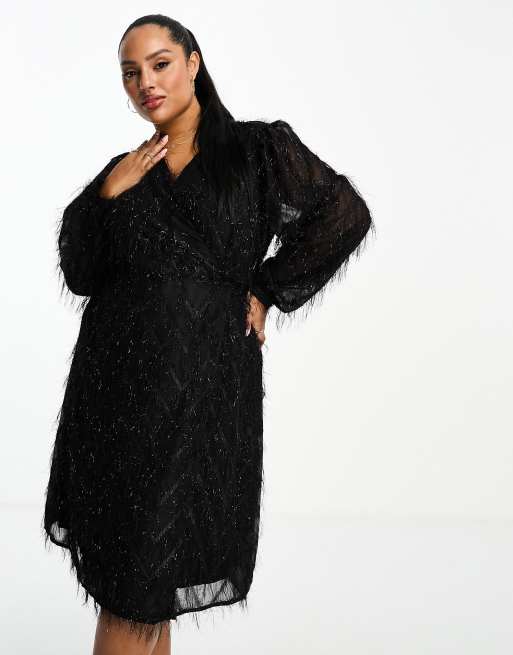 Vila Curve - Robe portefeuille courte texturée duveteuse - Noir