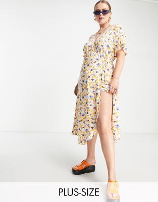 Vila Curve midi wrap dress with fluted sleeves in abstract print - ASOS Price Checker