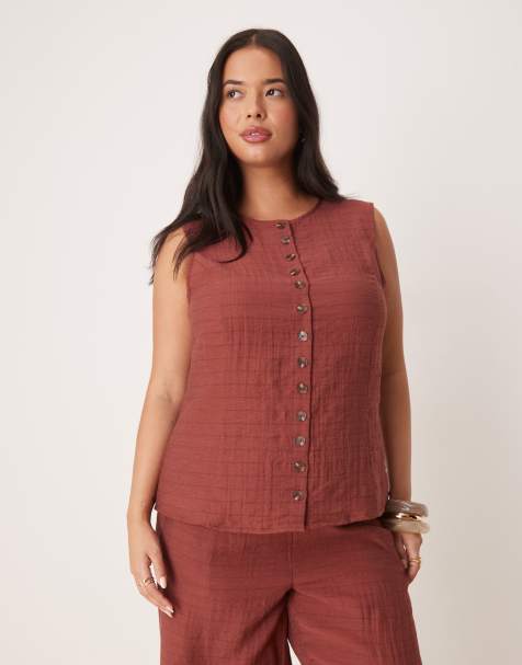 VILA Curve round neck tank top in burnt henna check - part of a set - view 1