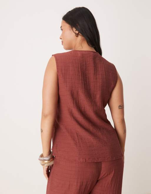 VILA Curve round neck tank top in burnt henna check - part of a set