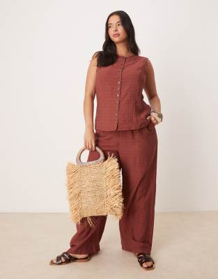 Vila Curve round neck vest and wide trousers set in burnt henna check - view 1