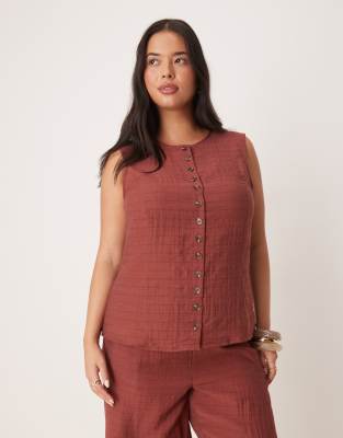 Vila Curve Vila Curve round neck vest co-ord in burnt henna check-Red
