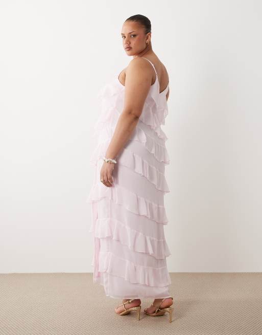 Vila Curve ruffle cami maxi dress with leg split in light pink, 4 of 4