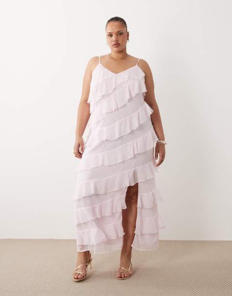 VILA Curve ruffled cami maxi dress with leg slit in light pink - view 1