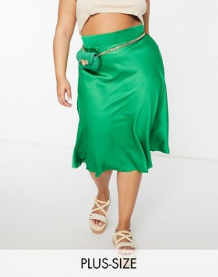 Vila Curve satin bias cut midi skirt in bright green
