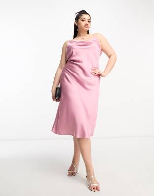 Vila Curve satin cami midi dress with tie back in dusty pink