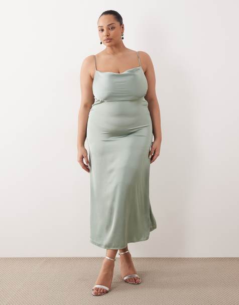 Vila Curve satin cowl neck cami maxi dress in milieu green - view 1
