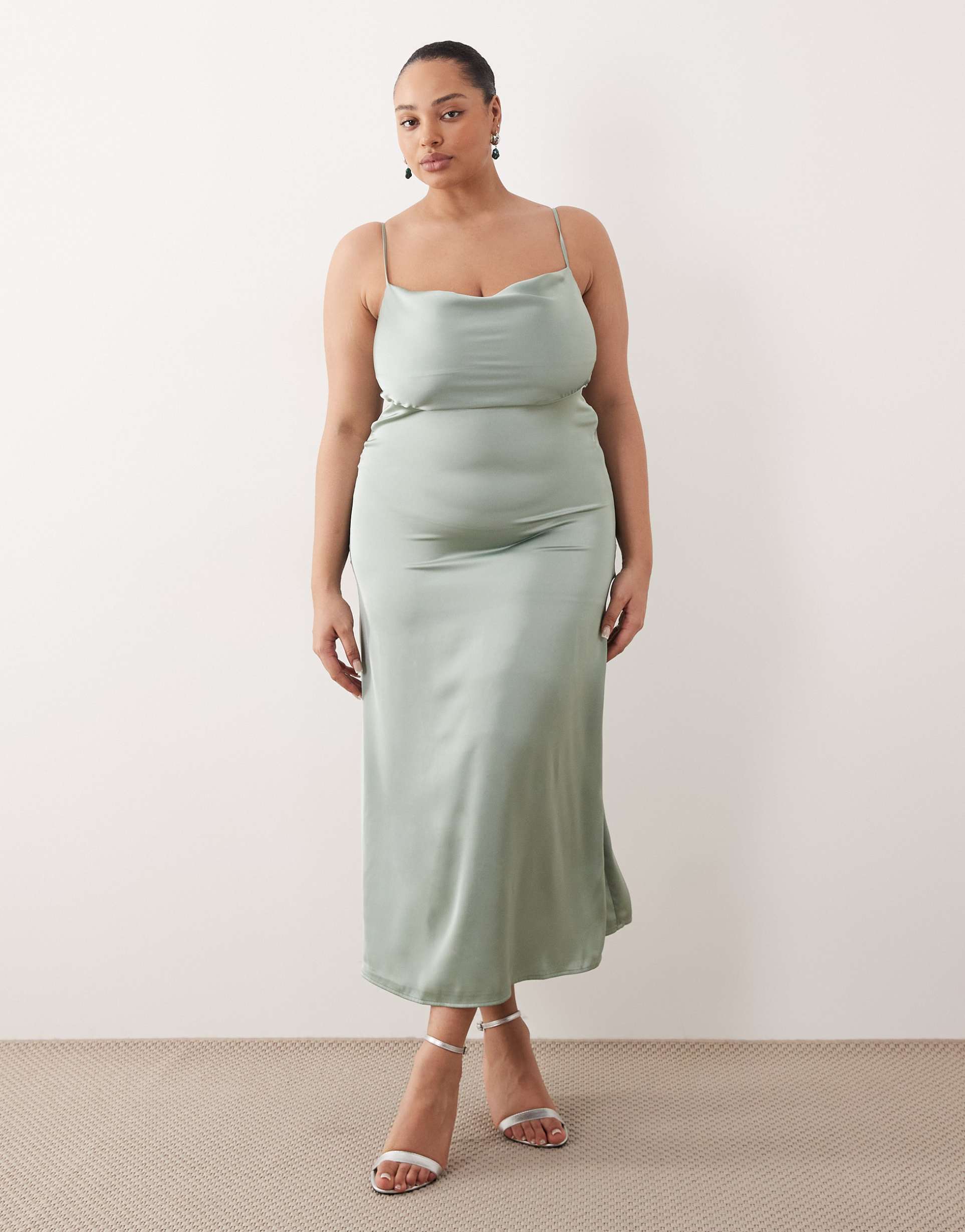 vila curve satin cowl neck cami maxi dress in milieu green