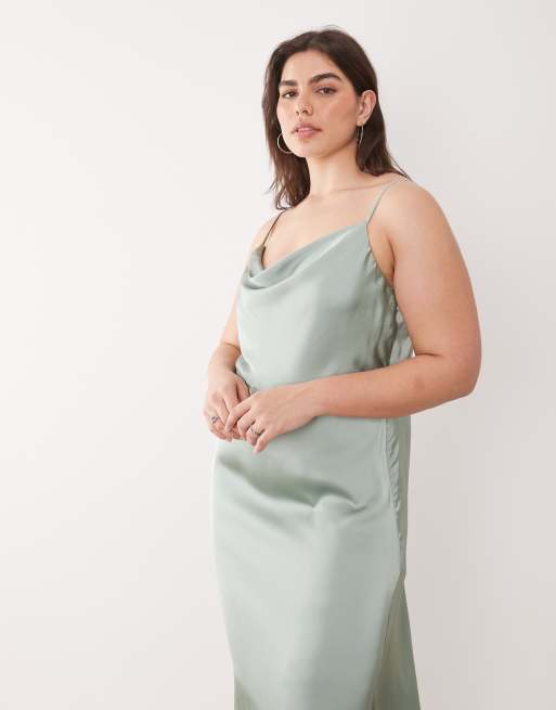 VILA Curve satin cowl neck cami maxi dress in milieu green, 2 of 4