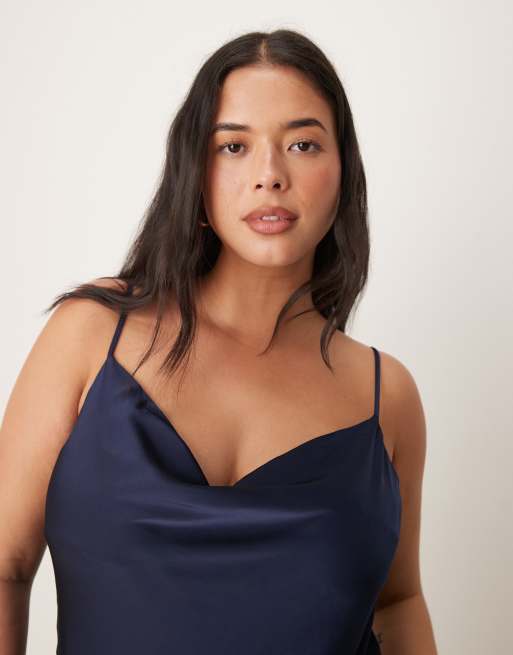 VILA Curve satin cowl neck cami maxi dress in navy, 3 of 4
