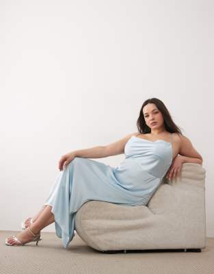 Vila Curve Satin Cowl Neck Cami Maxi Dress In Blue