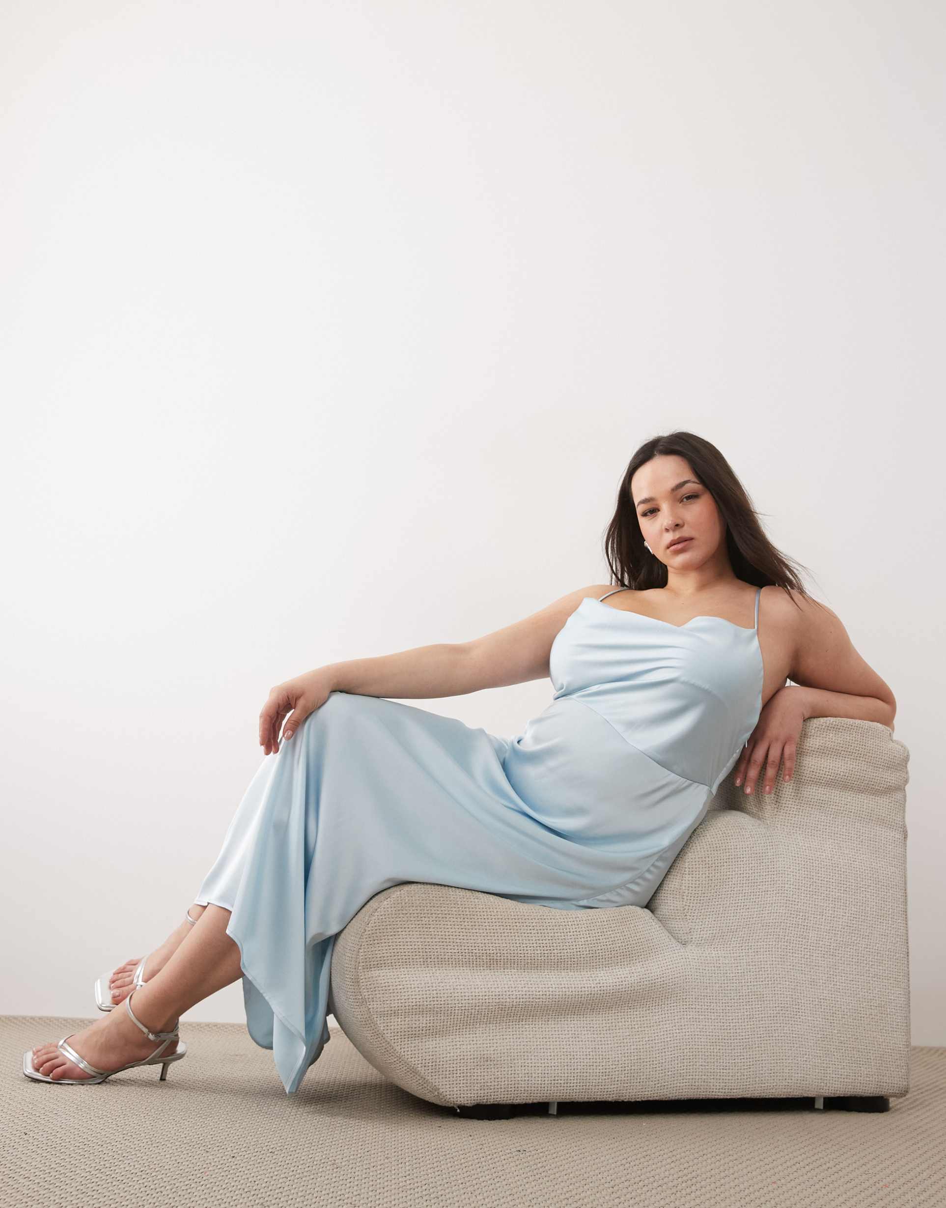 vila curve satin cowl neck cami maxi dress in pale blue