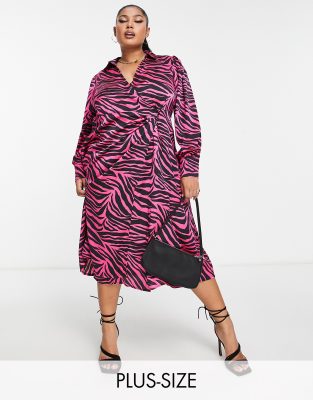 Vila Curve satin midi dress in bright pink animal print