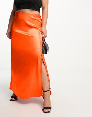 Vila Curve satin midi skirt in orange