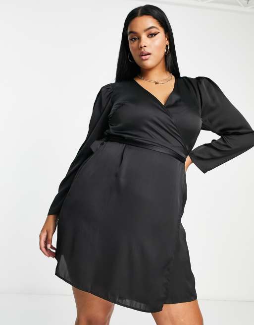 Vila Curve satin ruched sleeve mini dress in black | ASOS