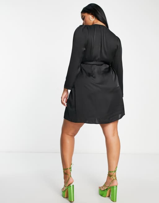 Vila Curve satin ruched sleeve mini dress in black | ASOS