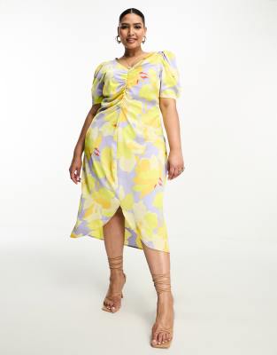 Vila Curve satin split front midi dress in lilac and yellow floral-Multi