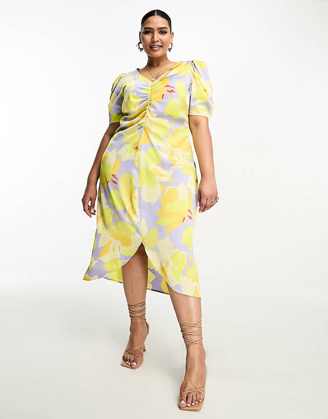 Vila Curve - satin split front midi dress in lilac and yellow floral