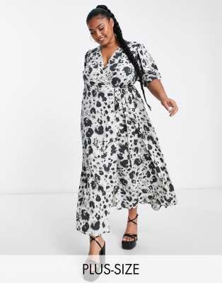 Vila Curve satin wrap maxi dress in grey animal print - ASOS Price Checker