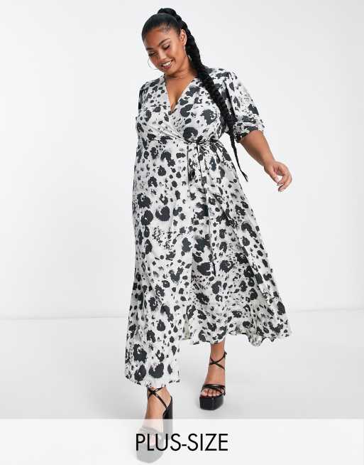 Vila Curve satin wrap maxi dress in grey animal print | ASOS