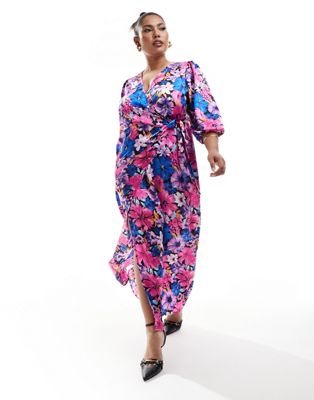 Vila Curve satin wrap maxi dress in purple floral print-Multi
