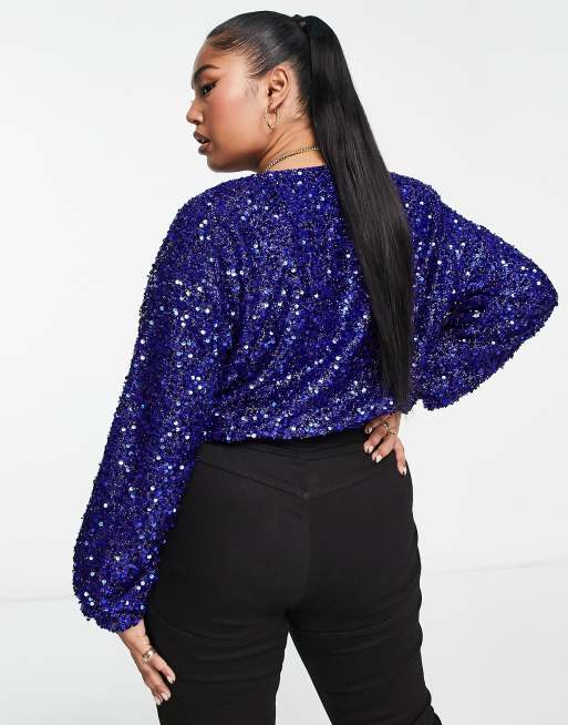 Plus size blue sequin hot sale top