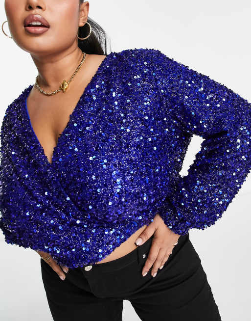 Vila Curve sequin top in blue ASOS