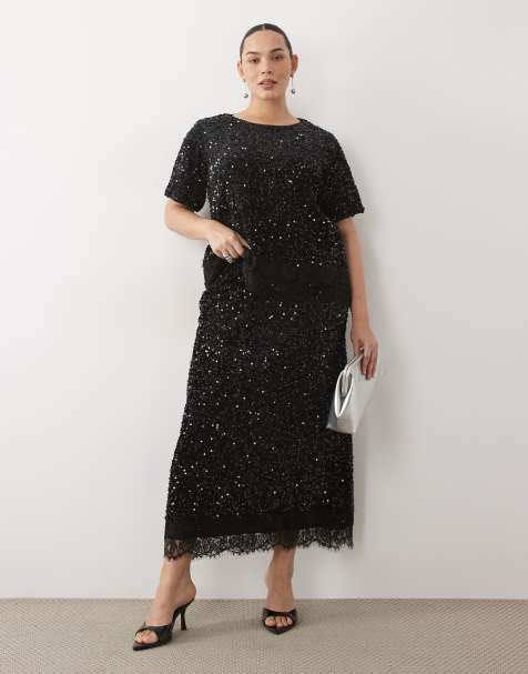 Vila Curve sequin & velour maxi skirt set with lace trim in black - view 1