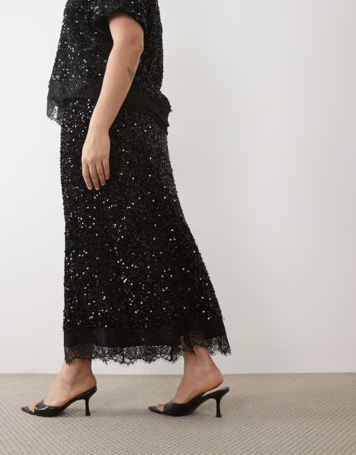 Vila Curve sequin & velour maxi skirt set with lace trim in black, 2 of 5
