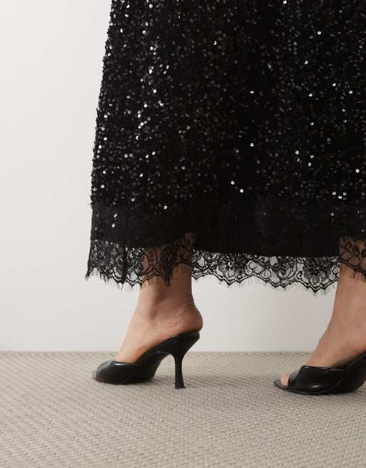 Vila Curve sequin & velour maxi skirt set with lace trim in black, 3 of 5