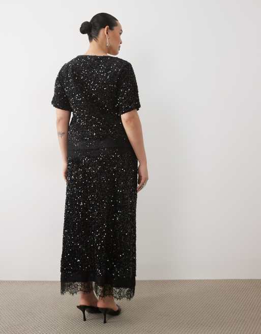 Vila Curve sequin & velour maxi skirt set with lace trim in black, 4 of 5