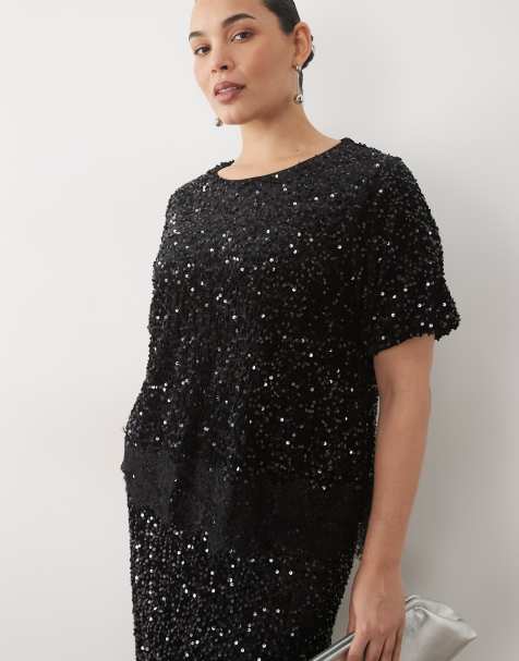 Vila Curve sequin & velour t-shirt co-ord with lace trim in black - view 1