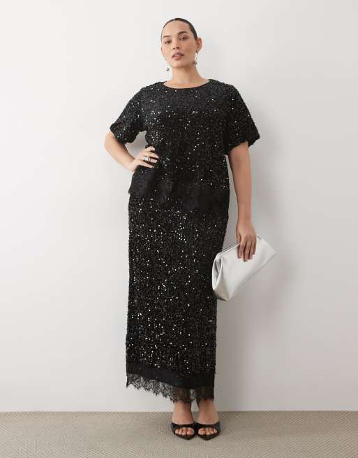 Vila Curve sequin & velour t-shirt co-ord with lace trim in black, 2 of 4
