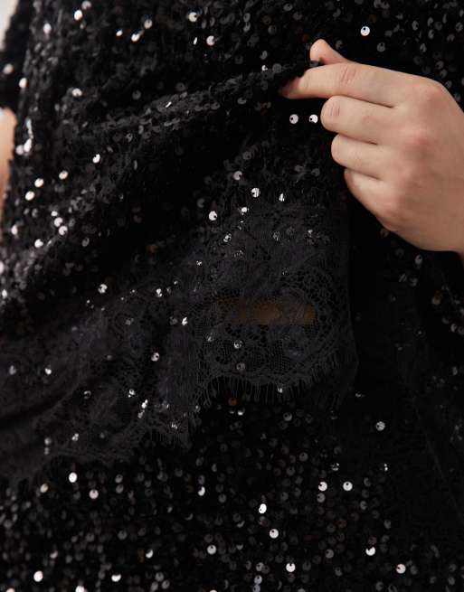 Vila Curve sequin & velour t-shirt co-ord with lace trim in black, 3 of 4