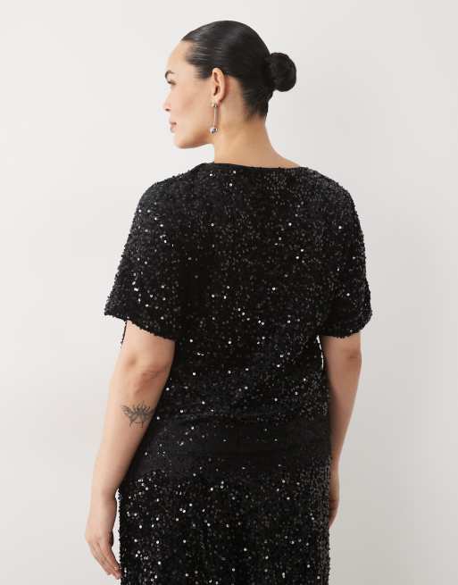 Vila Curve sequin & velour t-shirt co-ord with lace trim in black, 4 of 4