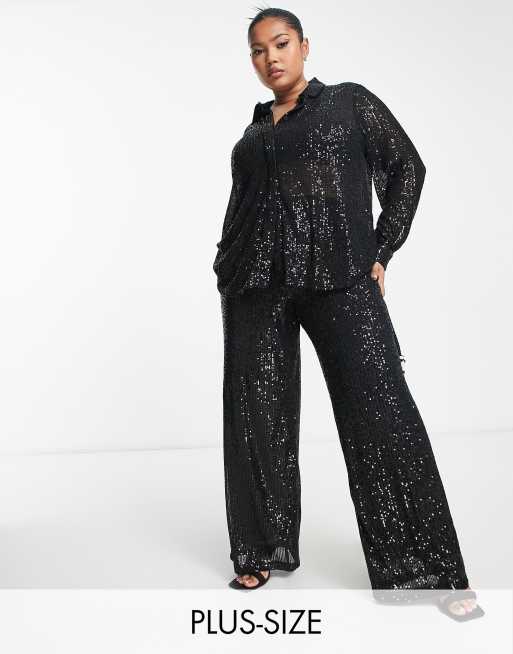 Vila Curve sequin wide leg pants in black - part of a set