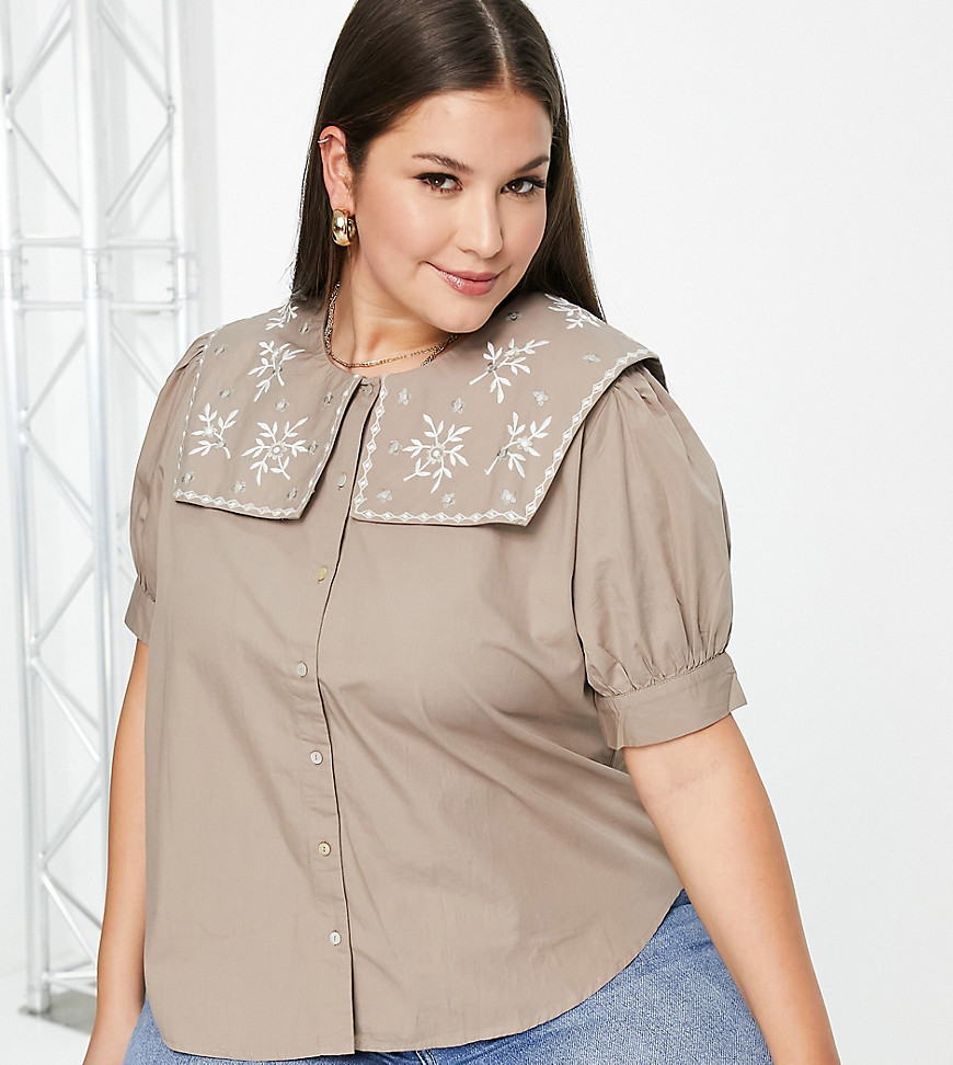 Plus-size shirt by Vila The scroll is over Embroidered collar Button placket Puff sleeves Regular fit