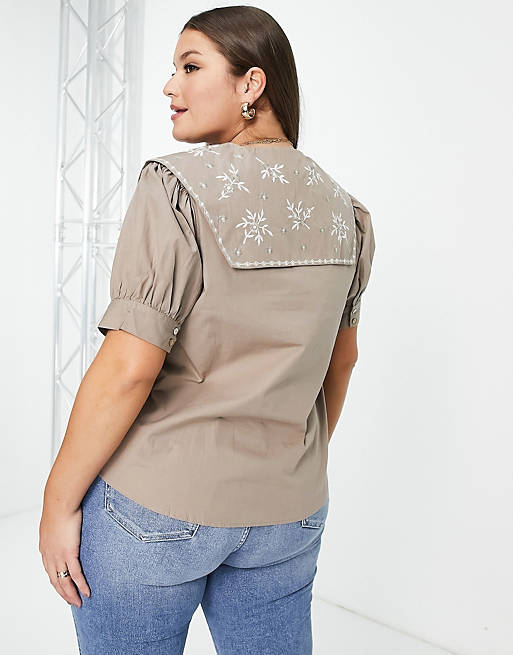 Women Shirts & Blouses/Vila Curve shirt with tabbard embroidered collar in beige 
